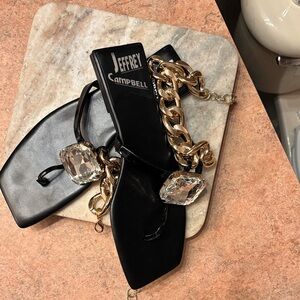 Jeffrey Campbell Black Thong Sandals with Gold Chain and Crystal Accents